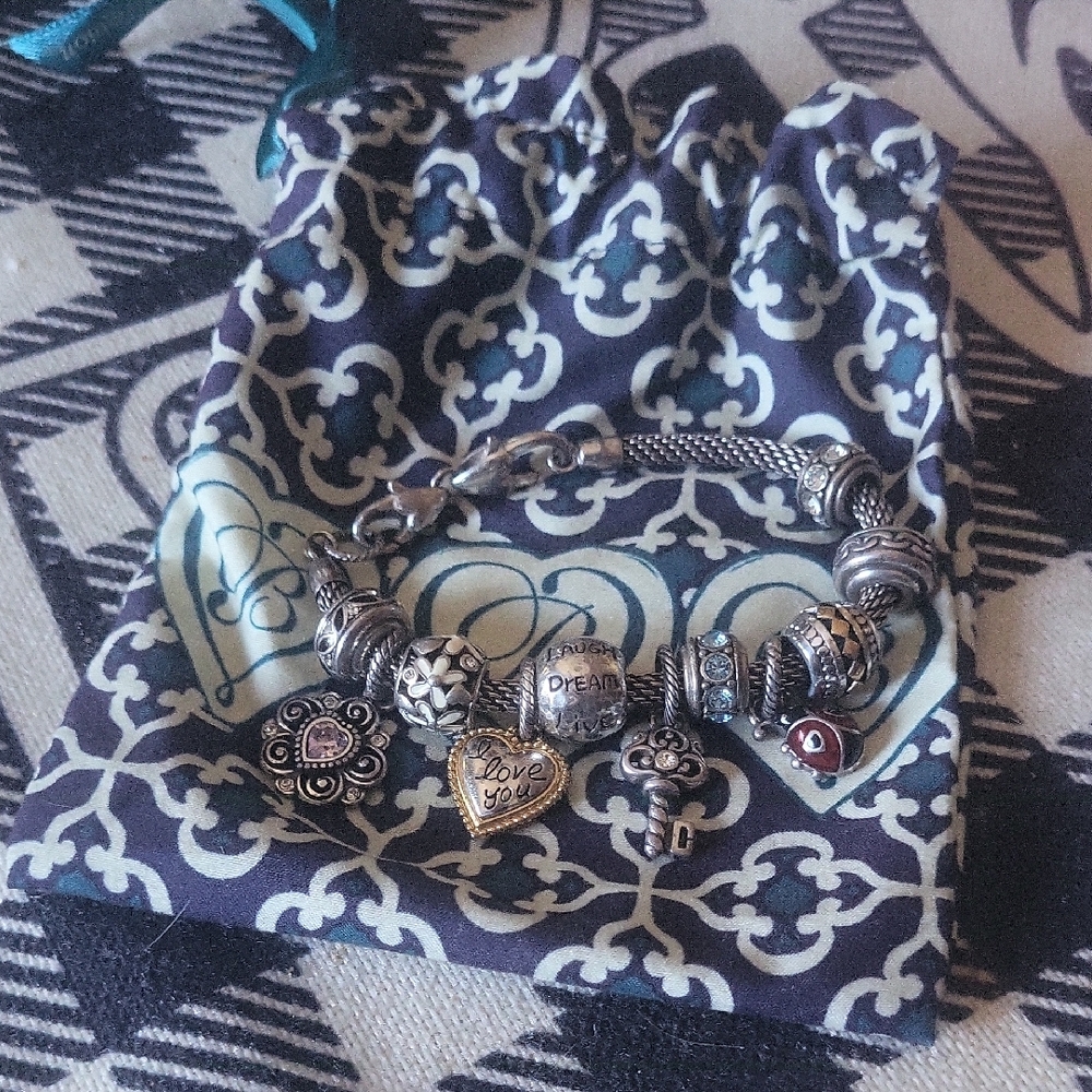 Brighton Silver 10Charm Bracelet with Heart and Bead Accents Bagged